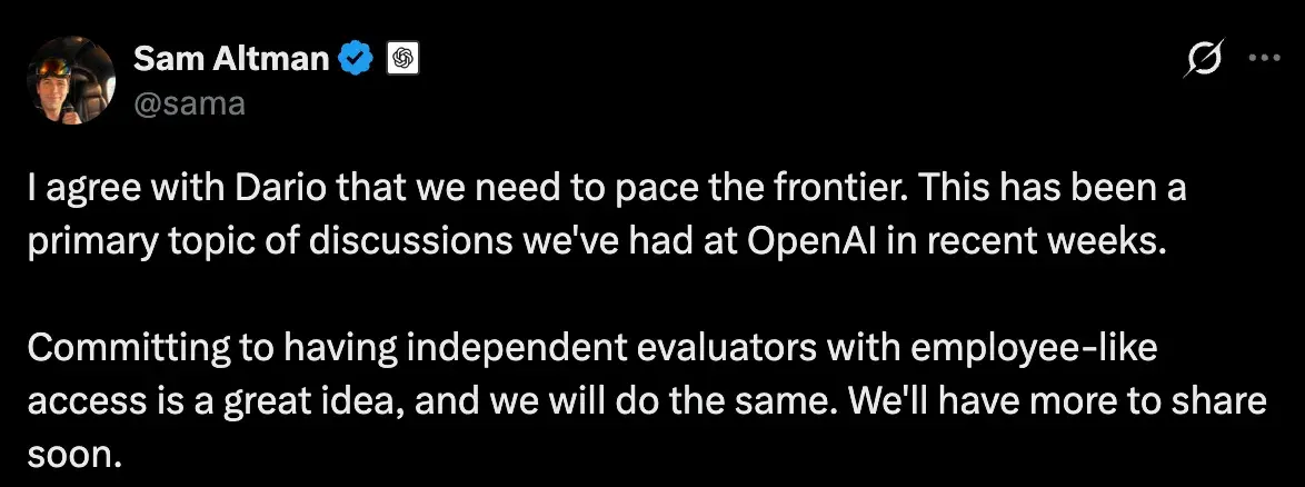 Sam Altman 在 X 上的貼文，說他同意 Dario 的放緩主張，這也是 OpenAI 近幾週的主要討論話題，並表示 OpenAI 會跟進開放獨立評估者接近員工等級的存取權