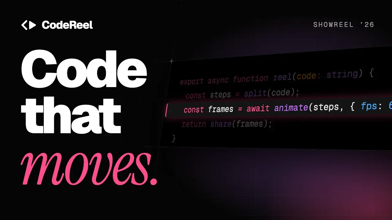 CodeReel 的封面：左邊是大字 Code that moves.，moves 用粉紅色斜體，右邊是一個傾斜的程式碼框，中間那一行被粉紅色高亮