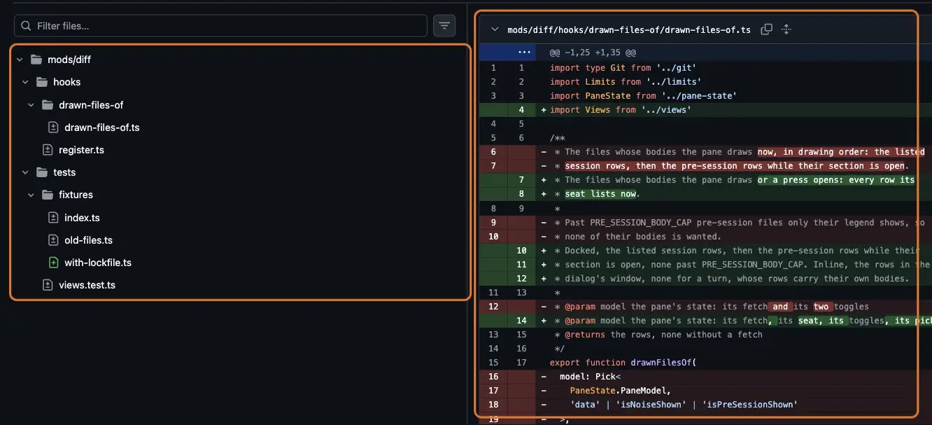 GitHub PR 的 Files changed 頁面，左側檔案樹與右側一個檔案的 diff 都被橘框圈起