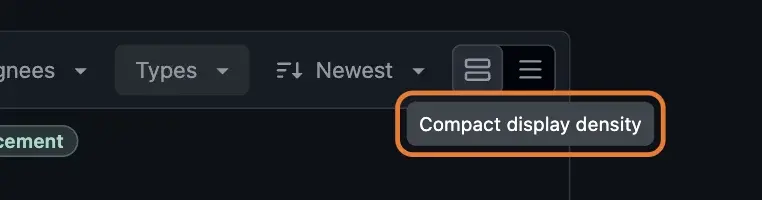 GitHub Issues 列表右上角的顯示密度切換按鈕，下方浮著 Compact display density 的 tooltip，tooltip 被橘框圈起