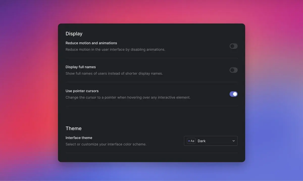 Linear 的 Display 設定面板，最下面一列是「Use pointer cursors」開關，說明寫著 Change the cursor to a pointer when hovering over any interactive element，目前為開啟狀態
